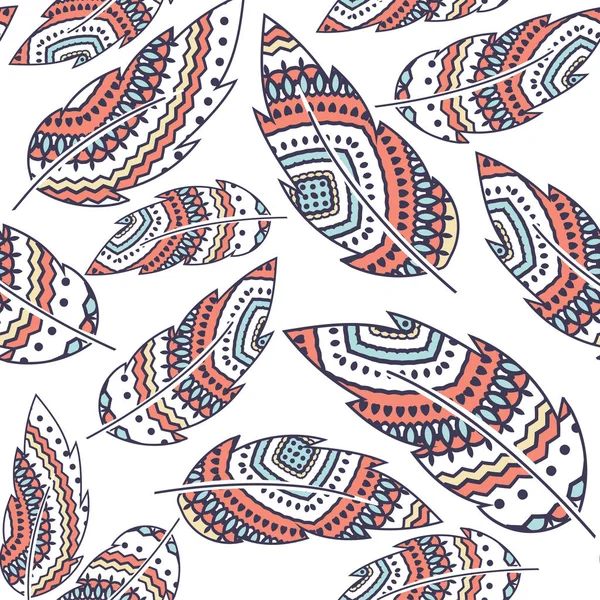 自由奔放に生きる羽ベクターのシームレスな繰り返しパターンを民族部族の飾り、詳細なイラスト — ストックベクタ