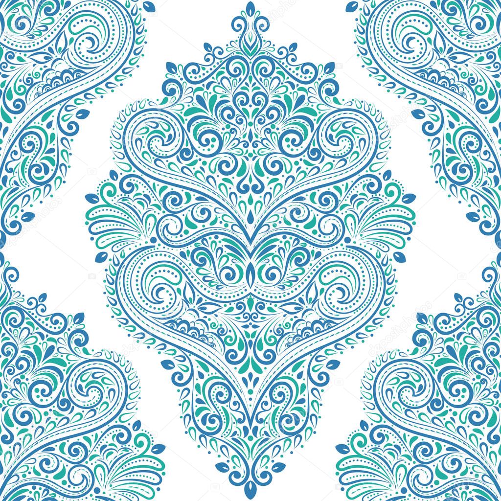 Eastern blue and green vintage seamless pattern. Paisley elements. Ornament. Traditional, Ethnic, Turkish, Indian motifs. Great for fabric and textile, wallpaper, packaging or any desired idea