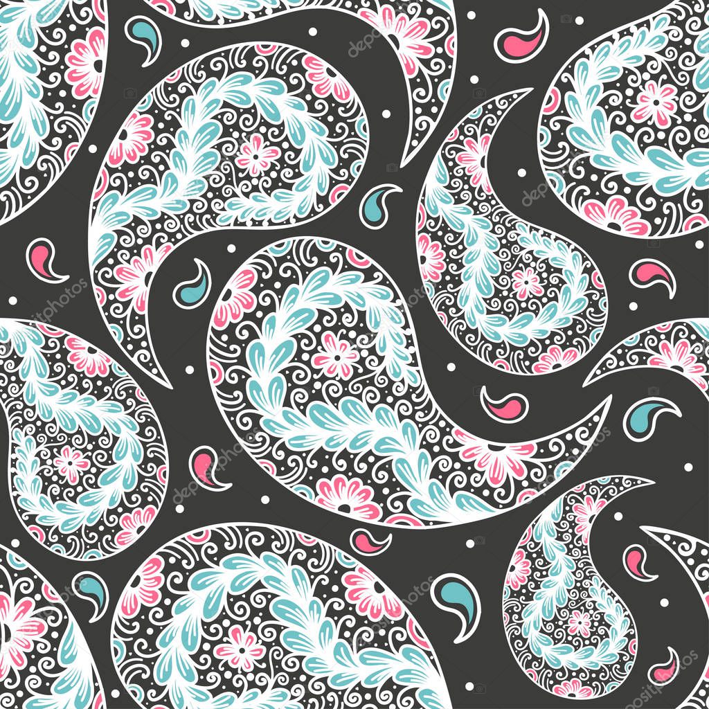 Paisley seamless pattern. Ornament illustration. Vector luxury elements. Vintage. Traditional, Arabic, Turkish, Indian motifs. Great for fabric and textile, wallpaper, packaging, or any desired idea.