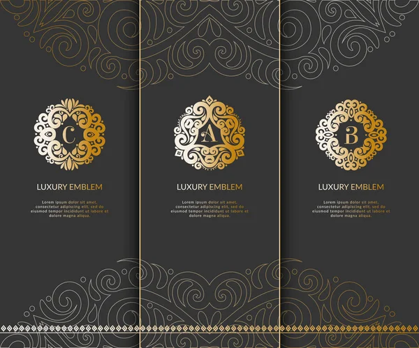 Set di elementi di lusso dorati su sfondo nero. Illustrazione ornamento . — Vettoriale Stock
