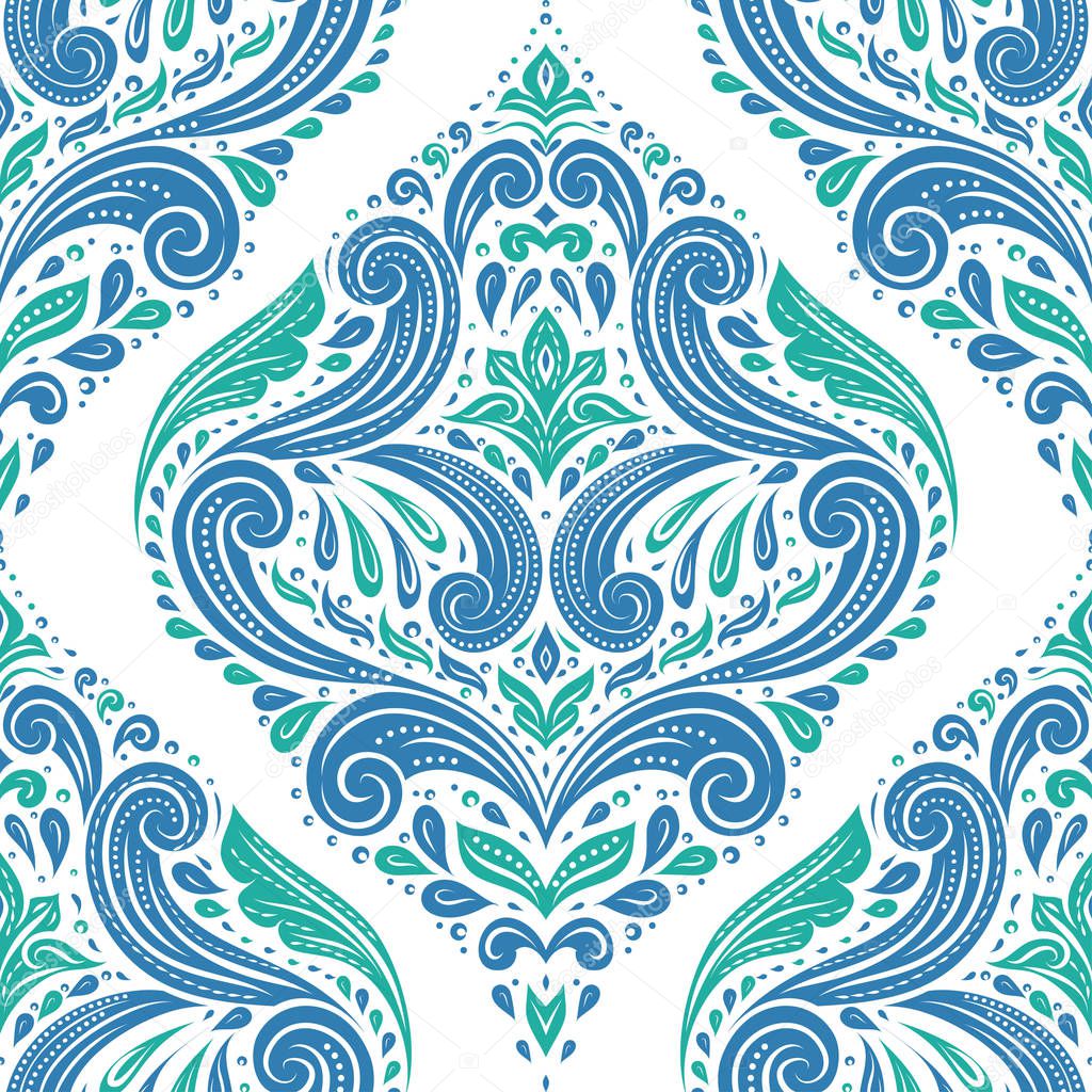 Green and blue Damask pattern on a white background Ornament vintage illustration.Great for fabric and textile, flyer, banner, business cards, wallpaper, packaging or any desired idea.