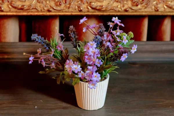 Flowerpot. Bonita planta de sala com vaso de flores em textura de mesa de escritório de madeira clara e fundo branco capturado pela vista frontal. Muito bom. — Fotografia de Stock