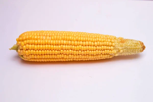 Nuez de maíz cerosa fresca blanca y amarilla en una espiga sobre un fondo blanco. El maíz dulce está delicioso y listo para comer. Las verduras son beneficiosas para el cuerpo, tienen vitaminas y sabor delicioso. sobre blanco b —  Fotos de Stock
