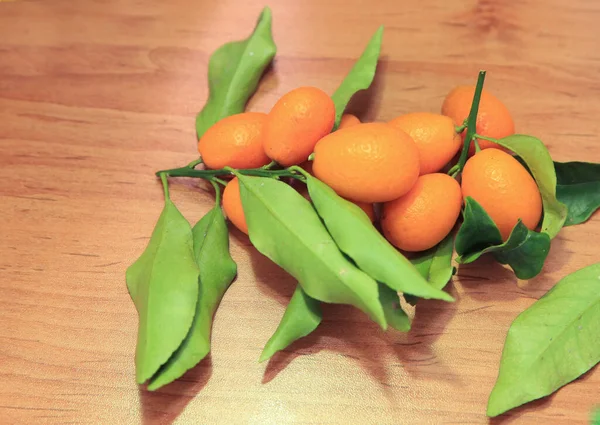 Prugna mariana. Kumquat. Kumquat o cumquat sul tavolo di legno. Cumquat o kumquat con foglia su vecchio tavolo di legno. Maturo prugna mariana o prugna mango su legno, gli accenti thailandesi sono Maprang o Mayongchid — Foto Stock