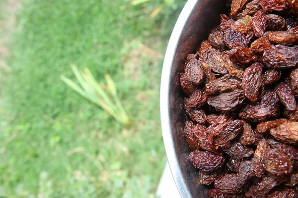 Sweet dry raisins close-up shot for green background . Many Raisins for background grape raisin texture .black raisins in the tray . — Stock Photo, Image