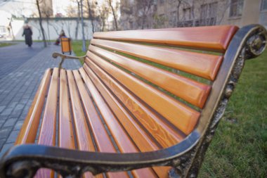 Ahşap dış malzeme. Ahşap malzeme detayları. Bahçenin gölgeli bir yerinde ya da parkın dışındaki boş bir bankta. Etrafı yeşilliklerle çevrili gölgeli ahşap banklar. Boş Park ahşap tezgah yakın çekim görüntüsü.