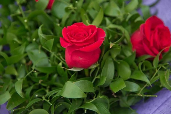 Bouquet of multicolored roses . Red flower picture close up in the pink bouquet. The flower's petal . Bouquet of fresh 2 red roses . — ストック写真