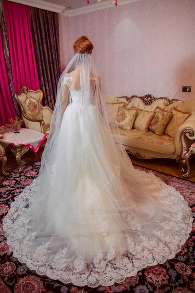 Visão Traseira Vestido Noiva Noivas Noiva Vestido Casamento Com Fica — Fotografia de Stock