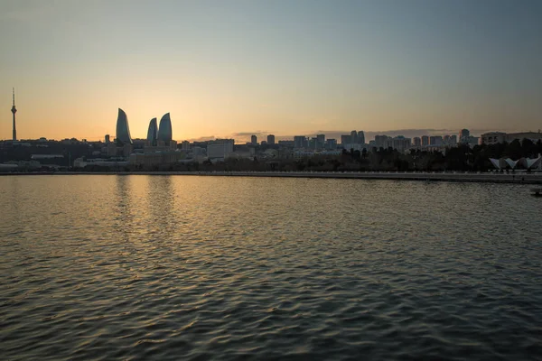 Panorama Baku City Morning Azerbaijan Night View Baku Seaside Caspian — Stock Photo, Image