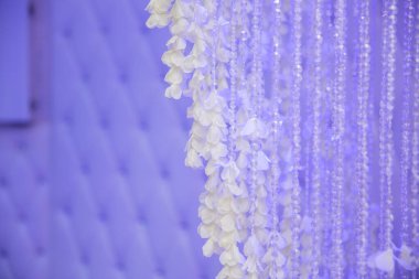 Modern kristal tabaka. Düğün masası dekorasyonu kristal avize arka planı mavi renklerde. Fırçalanmış cam kristallerin arasından yansıyan güzel ışık klasik avizeye asılı..