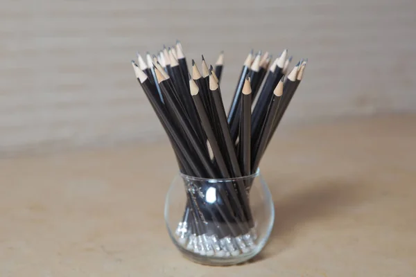 Black Wooden Pencils Glass Wooden Table Pencils Black Glass Minimalism — Stock Photo, Image