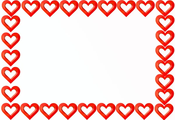 赤いバレンタインの心の境界線と白い繊維の背景 コピースペース付きの背景 白い背景に絹の心と長方形 3Dハート — ストック写真