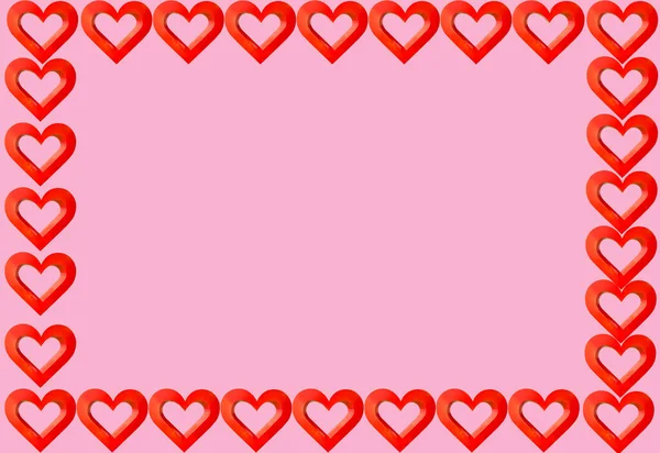 粉色纺织品背景与红色情人节心脏的边界 带有复制空间的背景 白色背景上的丝心形矩形 3D心脏 — 图库照片