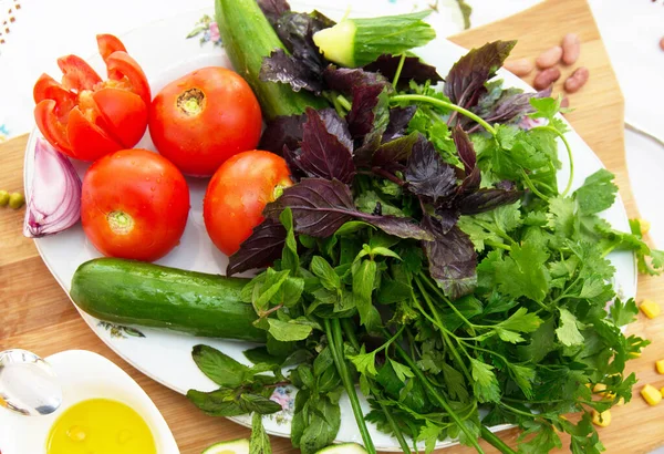 Plate Live Tomatoes Cucumbers Chopped Red Onions Greens Basil Coriander — Stock Photo, Image