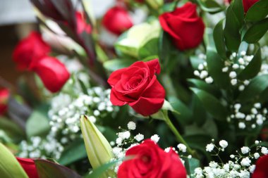 Büyük güzel kırmızı gül buketi. Yerde kırmızı güller var. Doğum günü için.