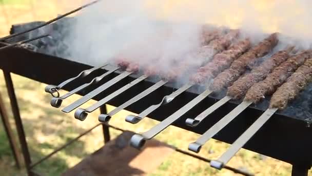 Man Hands Rotating Skewers Shish Kebab Pork Lamb Meat Pieces — Stock Video