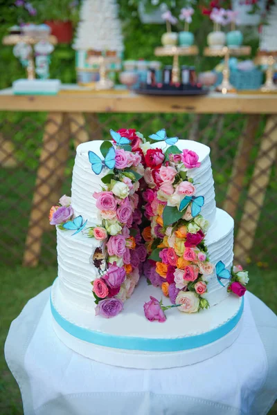 Weißer Kuchen Mit Abgerundeten Zweischichtiger Kuchen Hochzeitstorte Mit Bunten Rosen — Stockfoto