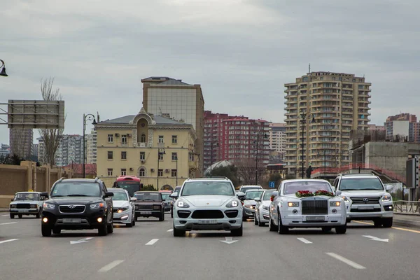 Baku Azerbaijan 2017 White Luxury Cars Parked Luxury District Pretty Royalty Free Stock Images