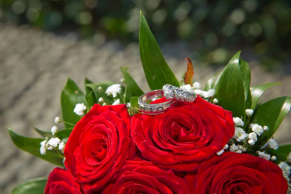 Gelin Damat Kırmızı Bir Düğün Buketinde Yüzükler Takıyor Düğün Için — Stok fotoğraf