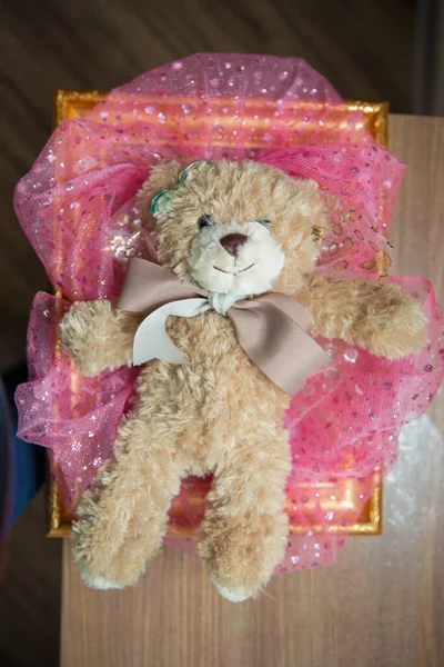 Toy Teddy Odizolowany Stole Close Widok Góry Ładny Miękki Brązowy — Zdjęcie stockowe