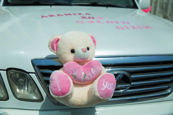 Niedźwiedzia Marionetka Siedząca Dachu Samochodu Niedźwiedzia Lalka Umieszczona Przed Samochodem — Zdjęcie stockowe
