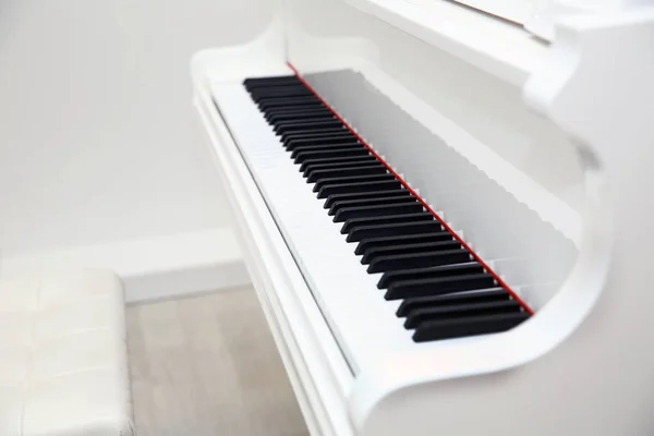 The piano was set up in the music room to allow the pianist to rehearse before the classical piano performance in celebration of the great businessman\'s success .close-up of piano keys. close frontal