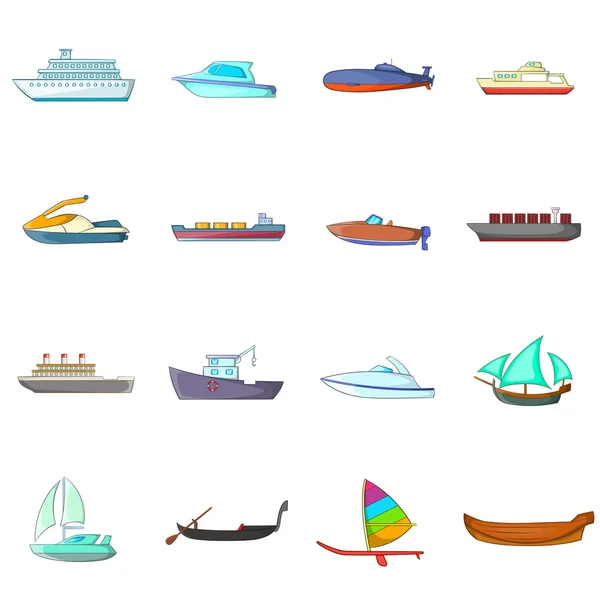 Hajó és csónak ikonok beállítása, rajzfilm stílusú — Stock Vector