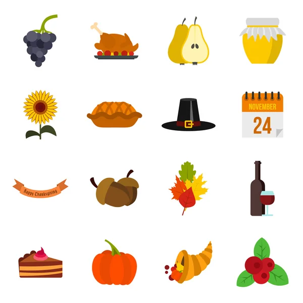 Thanksgiving pictogrammen instellen, vlakke stijl — Stockvector