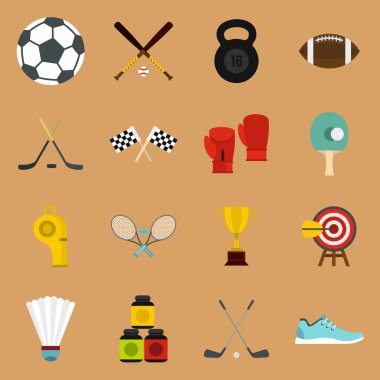Spor ekipmanları simgeler ayarla, stil düz