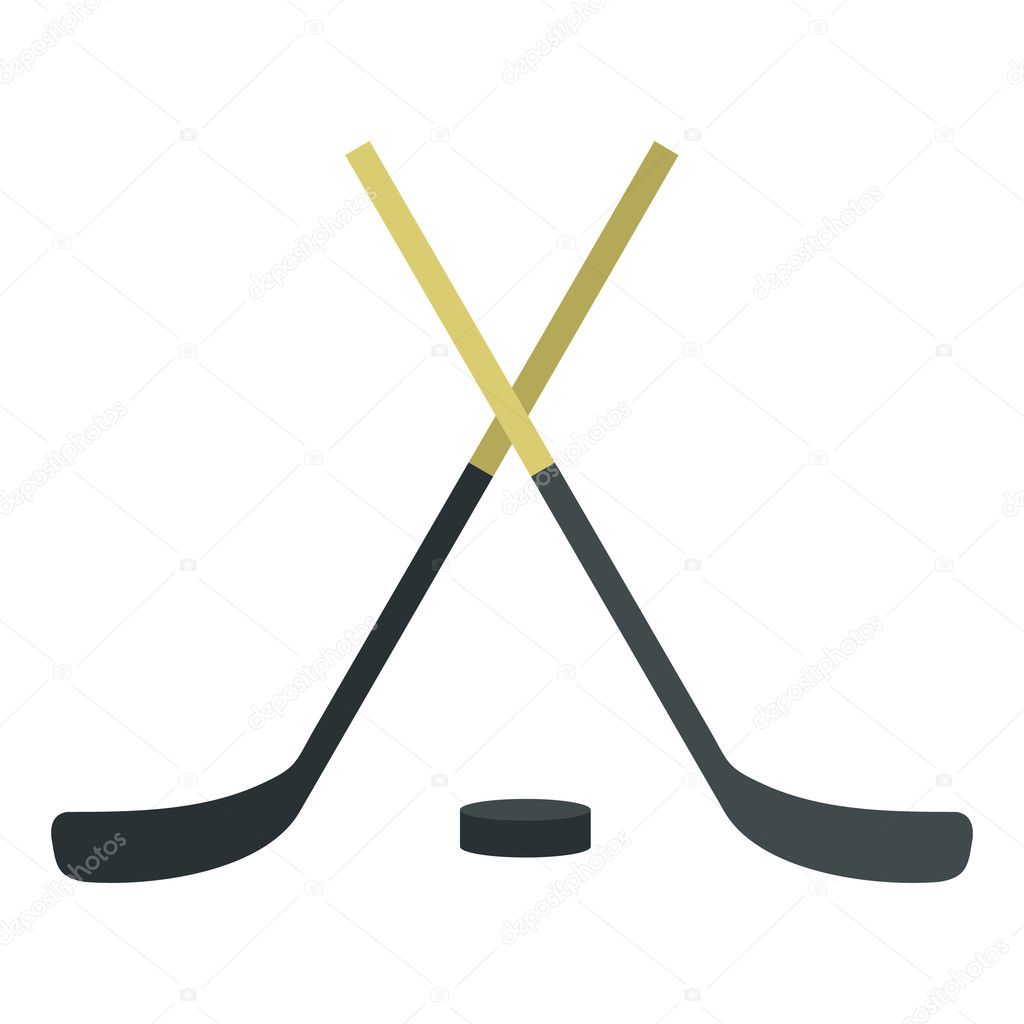 Hockey sticks and puck icon, flat style