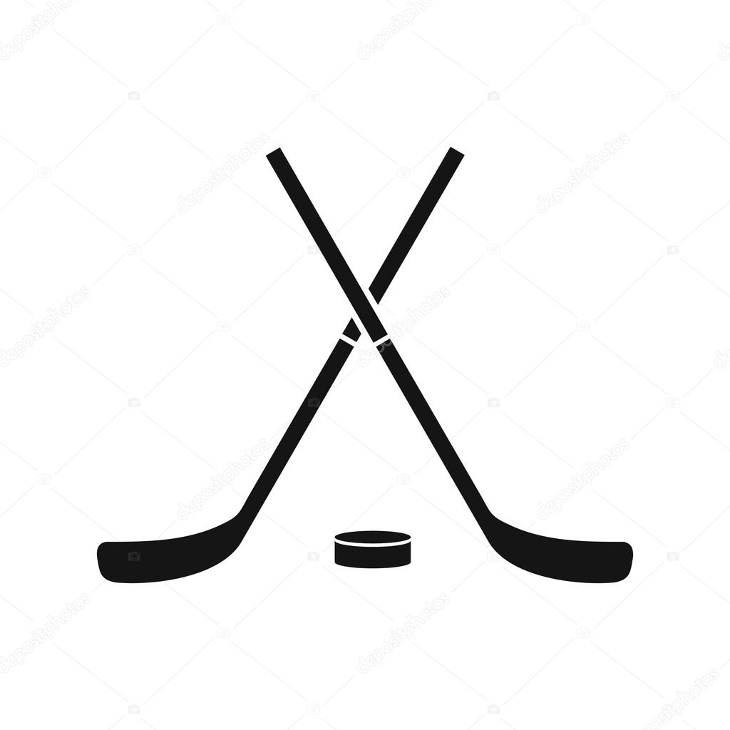 Crossed hockey sticks and puck icon, simple style