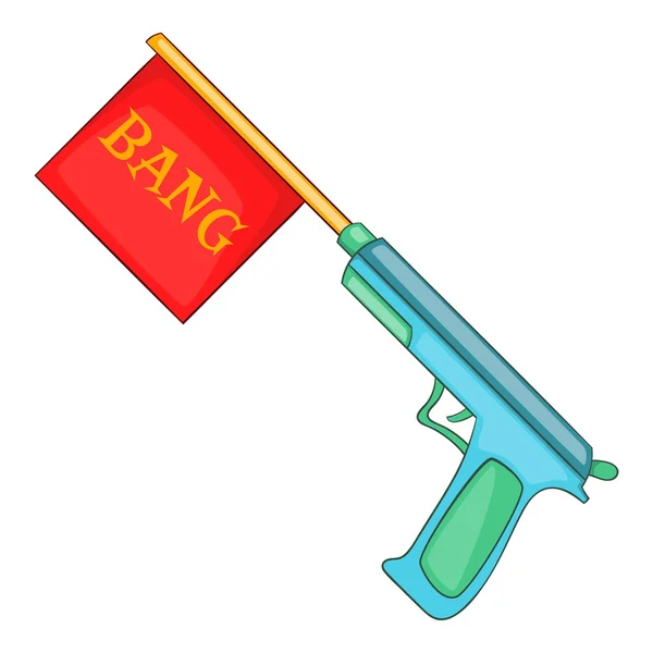 Pistola con icona della bandiera bang, stile cartone animato — Vettoriale Stock