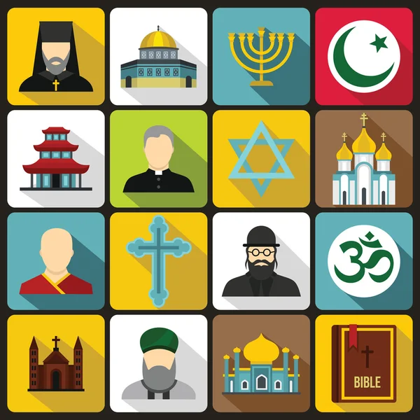 Religious symbol icons set, flat style — Stock Vector