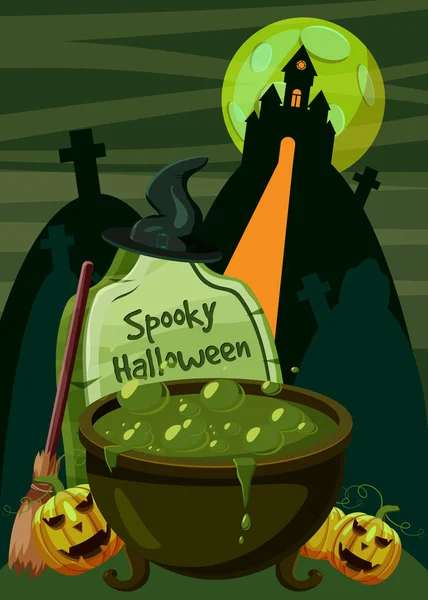 Halloween concepto caldero espeluznante, estilo de dibujos animados — Vector de stock