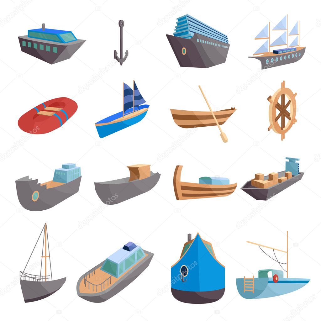 Sea transport icons set, cartoon style