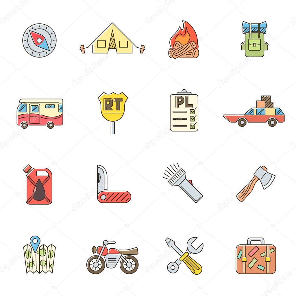 Travel icons set, flat outline style