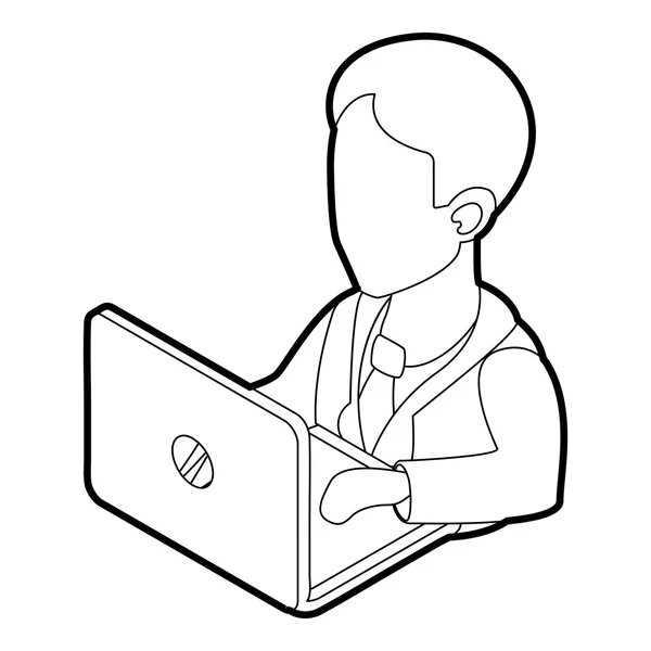 Uomo d'affari utilizzando la sua icona del computer portatile, stile contorno — Vettoriale Stock