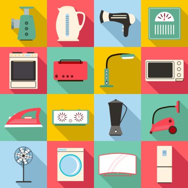 Household appliances icons set, flat style clipart