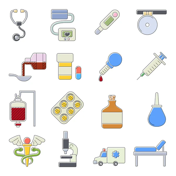 Set icoane medicale, stil outine desen animat — Vector de stoc