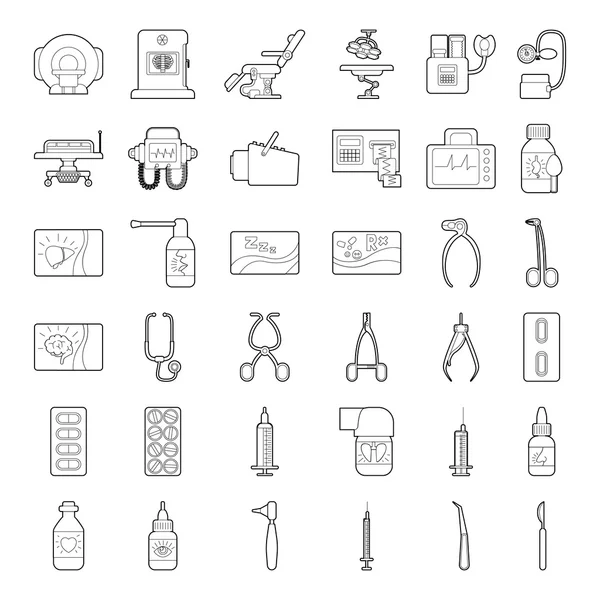 Medical tools equipment icons set, outline style — Stock Vector