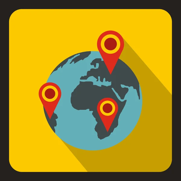Globe terre avec des marques de pointeur icône, style plat — Image vectorielle
