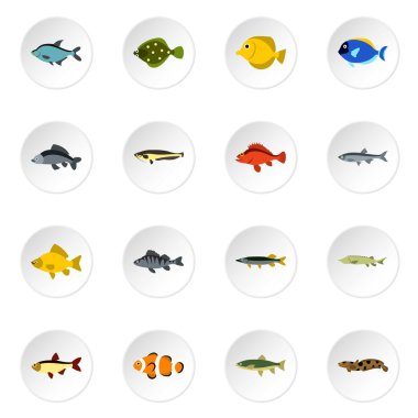 Balık Icons set, düz stil