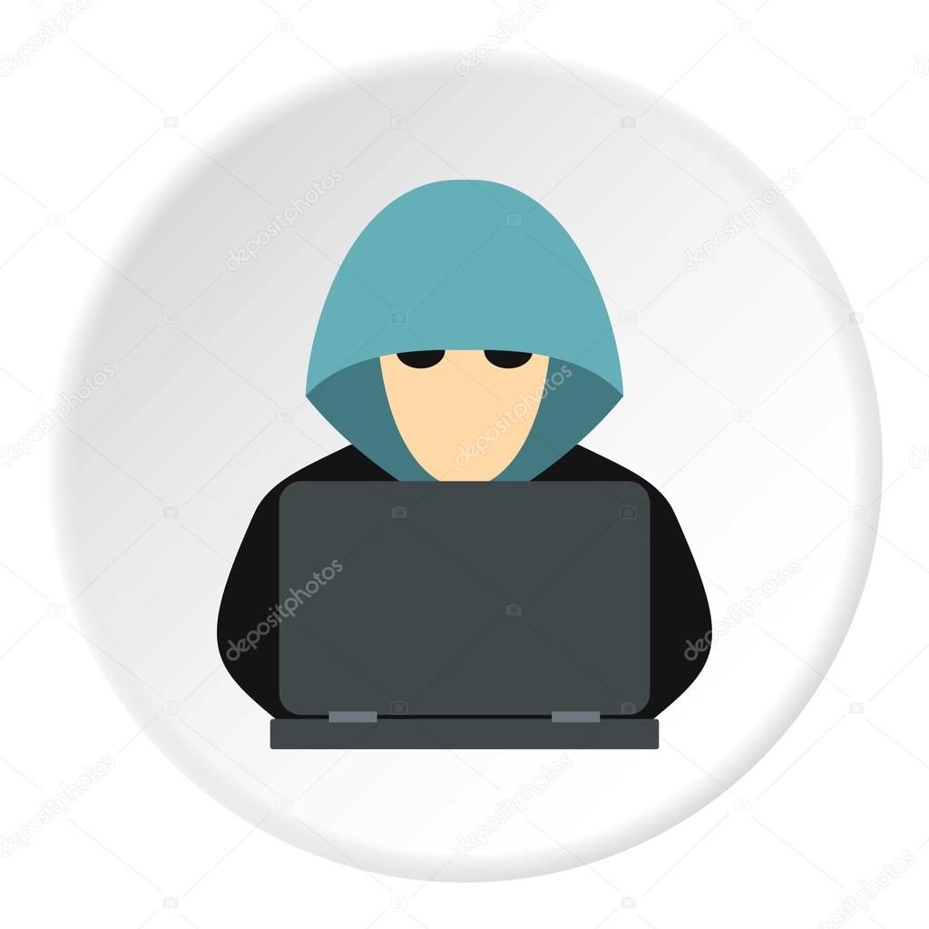 Hacker behind computer icon, flat style