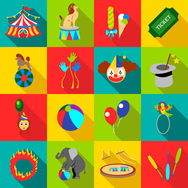 Circus icons set, flat style