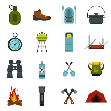 Kamp ekipmanları Icons set, düz stil