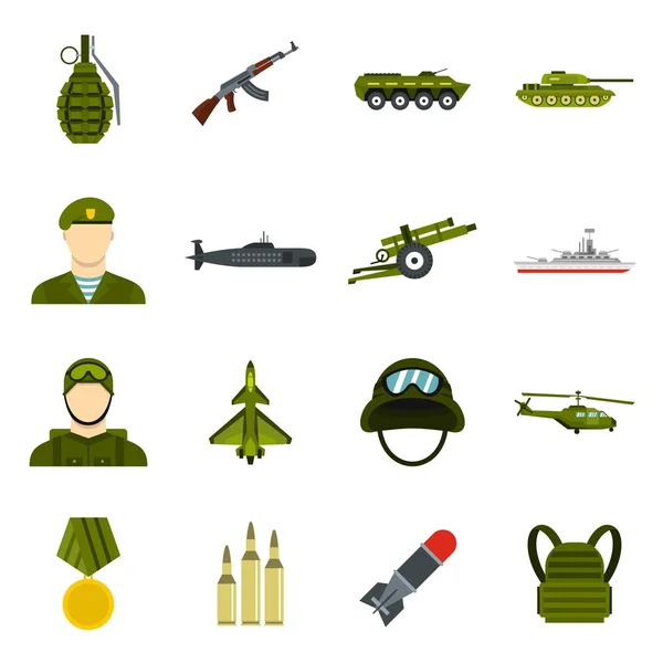 Conjunto de iconos militares, estilo plano — Archivo Imágenes Vectoriales