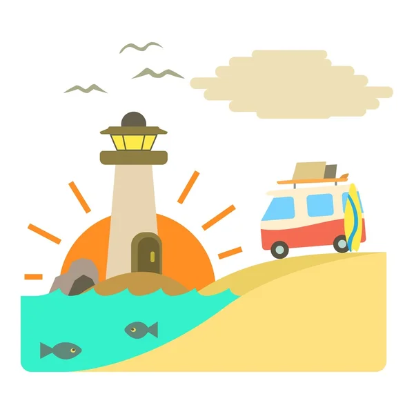 Holiday on car by sea concept, flat style — Stock Vector