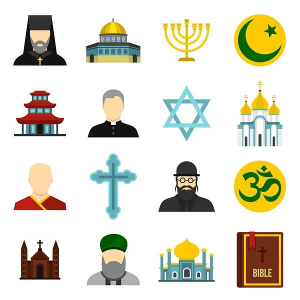 Religious symbol icons set, flat style — Stock Vector