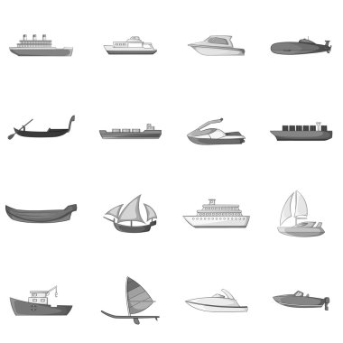 Gemi ve tekne Icons set, gri tek renkli stil