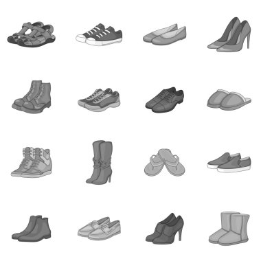 Shoe icons set, gray monochrome style clipart